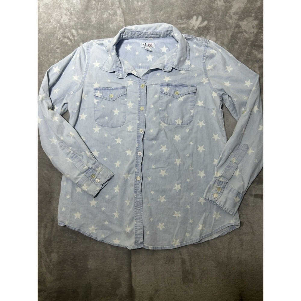 D&Co Denim & Company Star Print Chambray Button Front Shirt Women’s Small